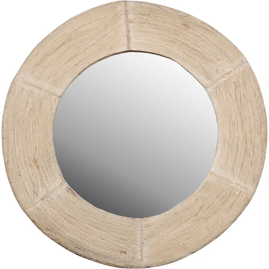 The original patina on this wooden round mirror was stripped and the wood bleached, resulting in a modern mirror that complements any interior.