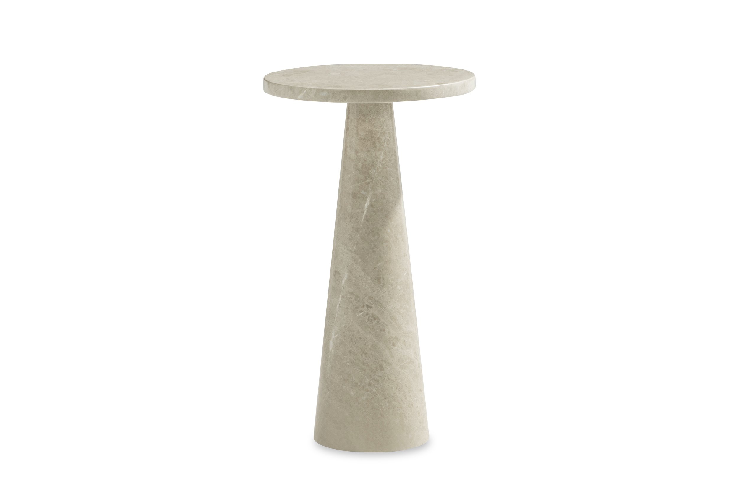 The contemporary Honed Michigan stone cone base accent table reflects a modern minimalist design ethos, characterized by its simple geometric form and use of luxurious marble.