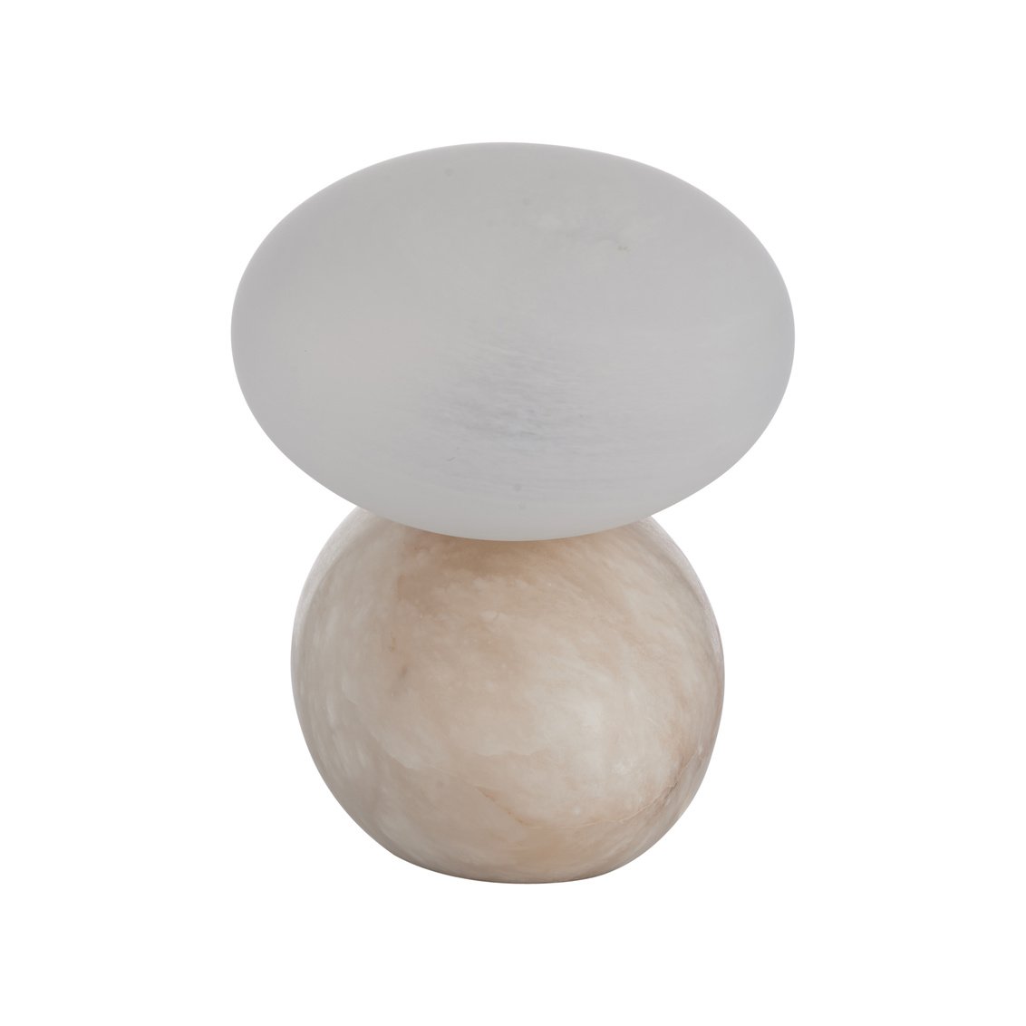 Side view of the Aruna Alabaster Lamp, which includes a glass shade atop an alabaster base.