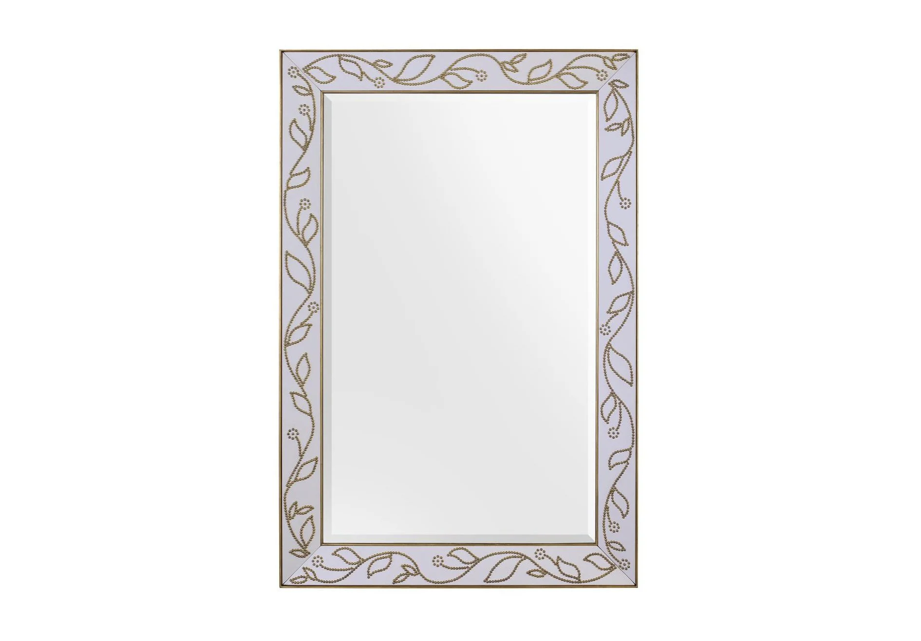 Beveled glass sits within a beech wood frame trimmed in a Gold Coast finish, showcasing a white leather inlay adorned in floral patterns with gold nail heads.