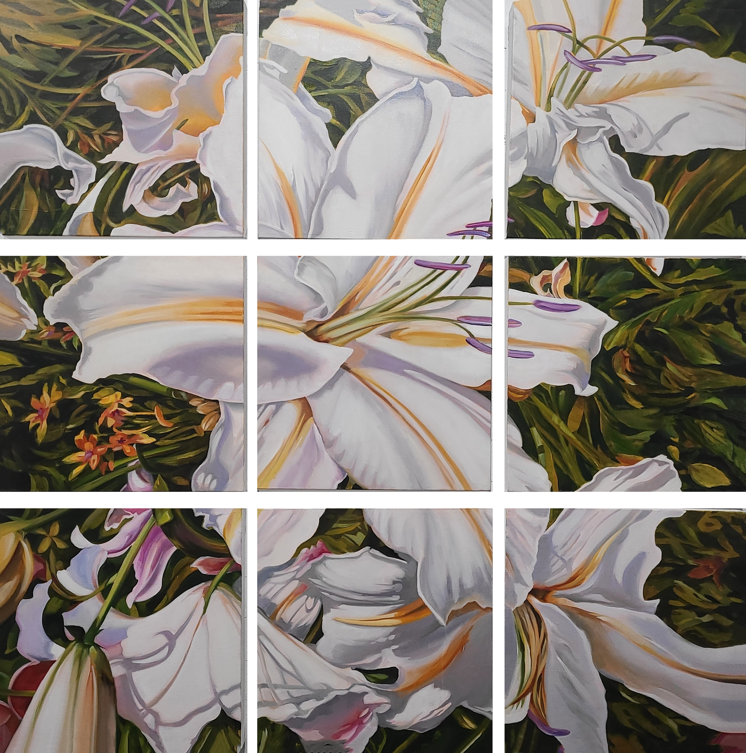 Within this painting, nine canvases evoke the idea of a visual perspective through a window, showing a gorgeous lily garden beyond the glass.