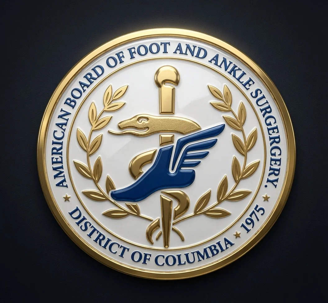 A circular emblem for the American Board of Foot and Ankle Surgery. The emblem features a gold laurel wreath surrounding a white background with a blue and gold foot symbol and medical caduceus, along with the text "American Board of Foot and Ankle Surgery" and "District of Columbia 1975."