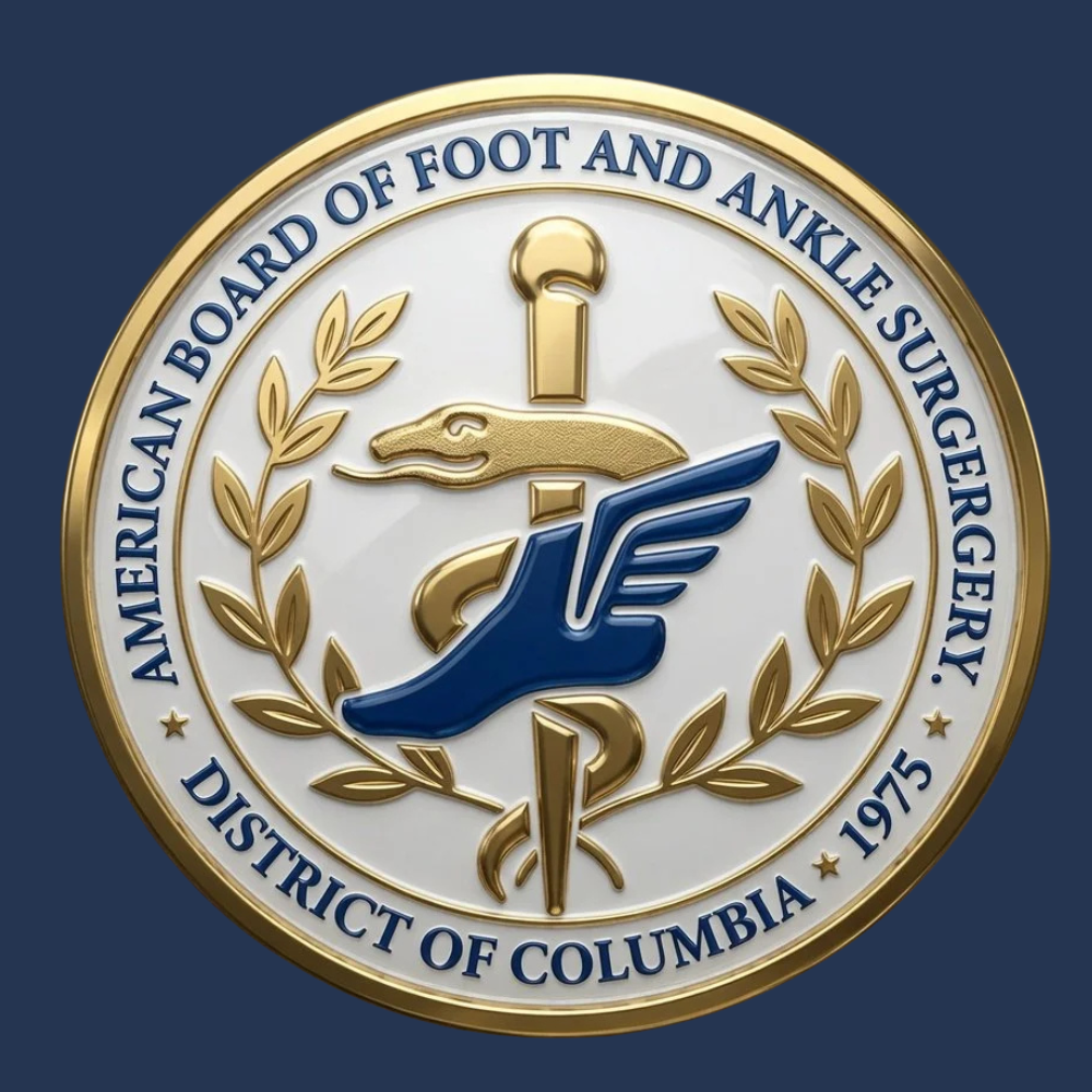 Seal of the American Board of Foot and Ankle Surgery, District of Columbia, established in 1975, featuring a gold border, a blue and gold snake and a foot with wings, surrounded by laurel branches, on a dark blue background.