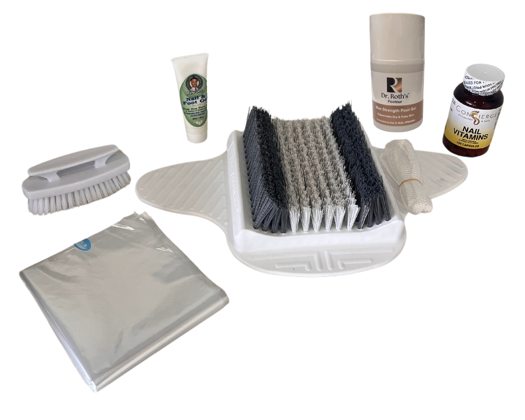 Nail care supplies including brushes, a foot file, nail polish remover, a pack of tissue, and various nail files or buffers.