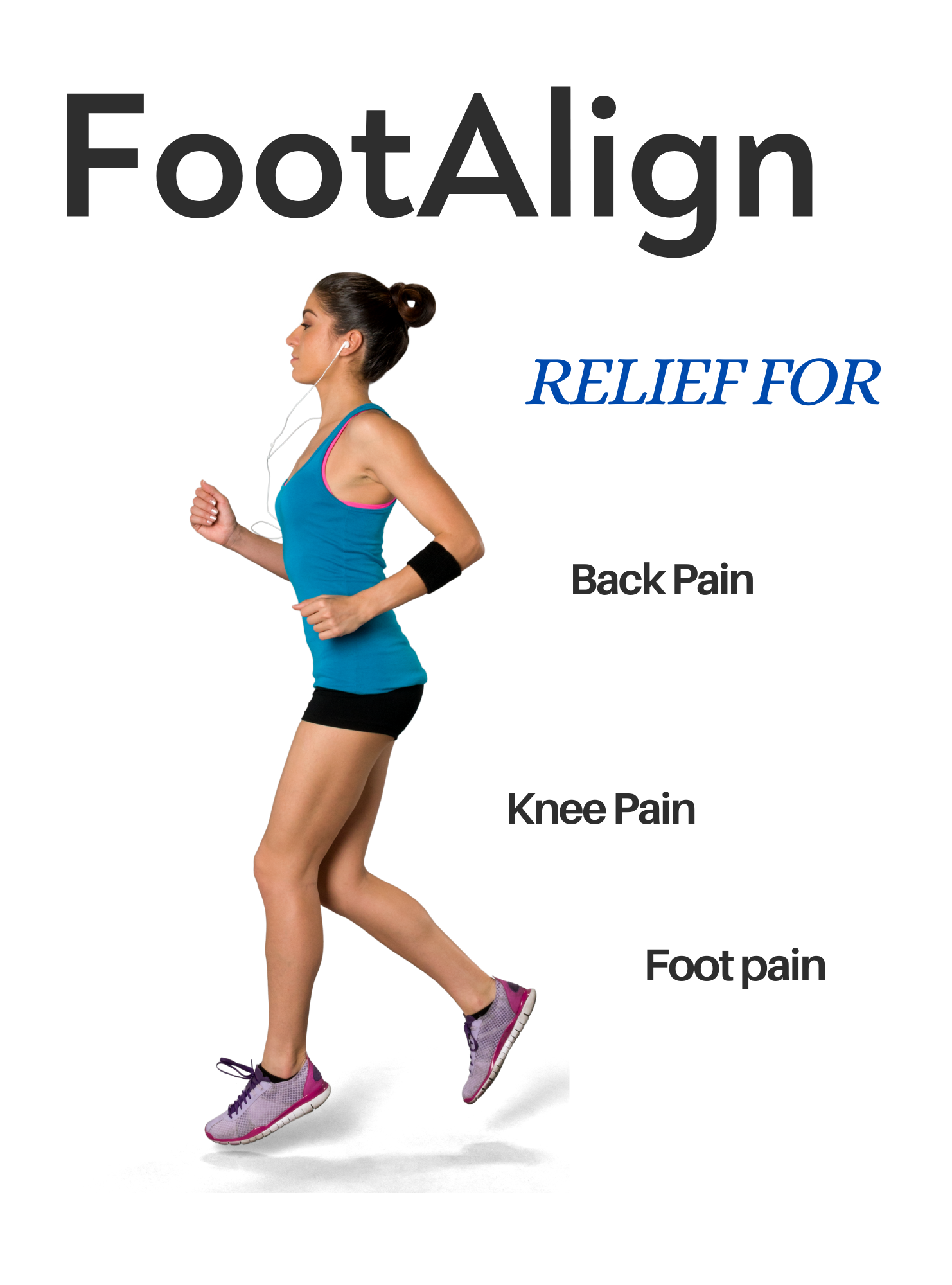 A woman jogging while listening to music, wearing athletic clothing, with labels indicating relief for back pain, knee pain, and foot pain.