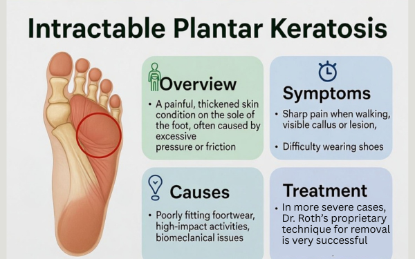 Diagram of a foot showing the sole affected by intractable plantar keratosis, with sections labeled for overview, symptoms, causes, and treatment.