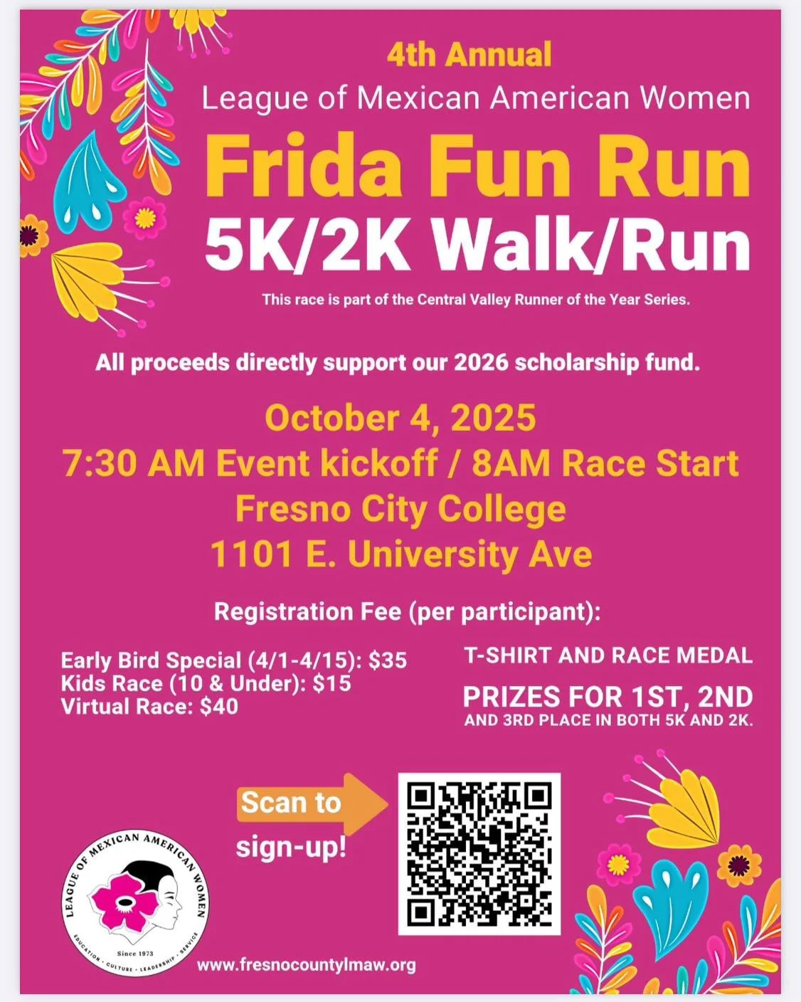 🚨Early Bird Special ENDS TODAY! Only $35✨
Register now for the 4th Annual Frida Fun Run!
Whether you're an enthusiastic runner or want to walk the course with friends, we hope you join us for some fun, friends, family, and fitness! More info on ou