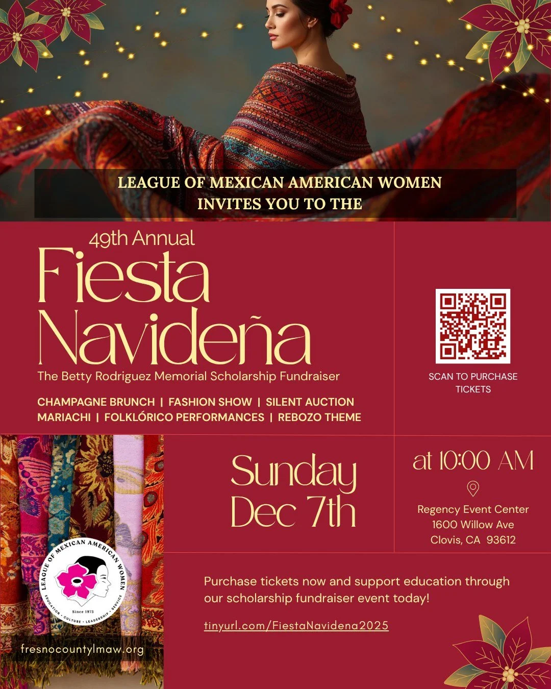 🎉✨ You’re Invited to the 49th Annual Fiesta Navideña! ✨🎉
Join the League of Mexican American Women as we celebrate tradition, culture, and community at the Betty Rodriguez Memorial Scholarship Fundraiser! 💖
📅 Sunday, Dec 7, 2025
🕙
