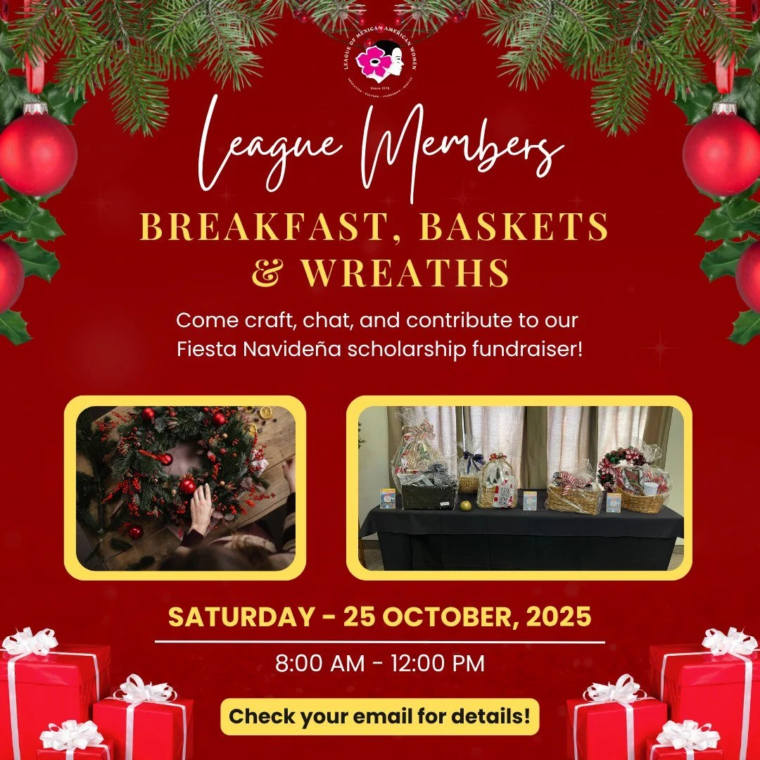 ✨ Celebrate the season with purpose! ❤️
Join your fellow League members for breakfast, wreath-making, and basket prep — all in support of our Fiesta Navideña scholarship fundraiser! 🎁🎀
📅 Saturday, Oct. 25 | 8 AM – 12 PM
☕ Chec