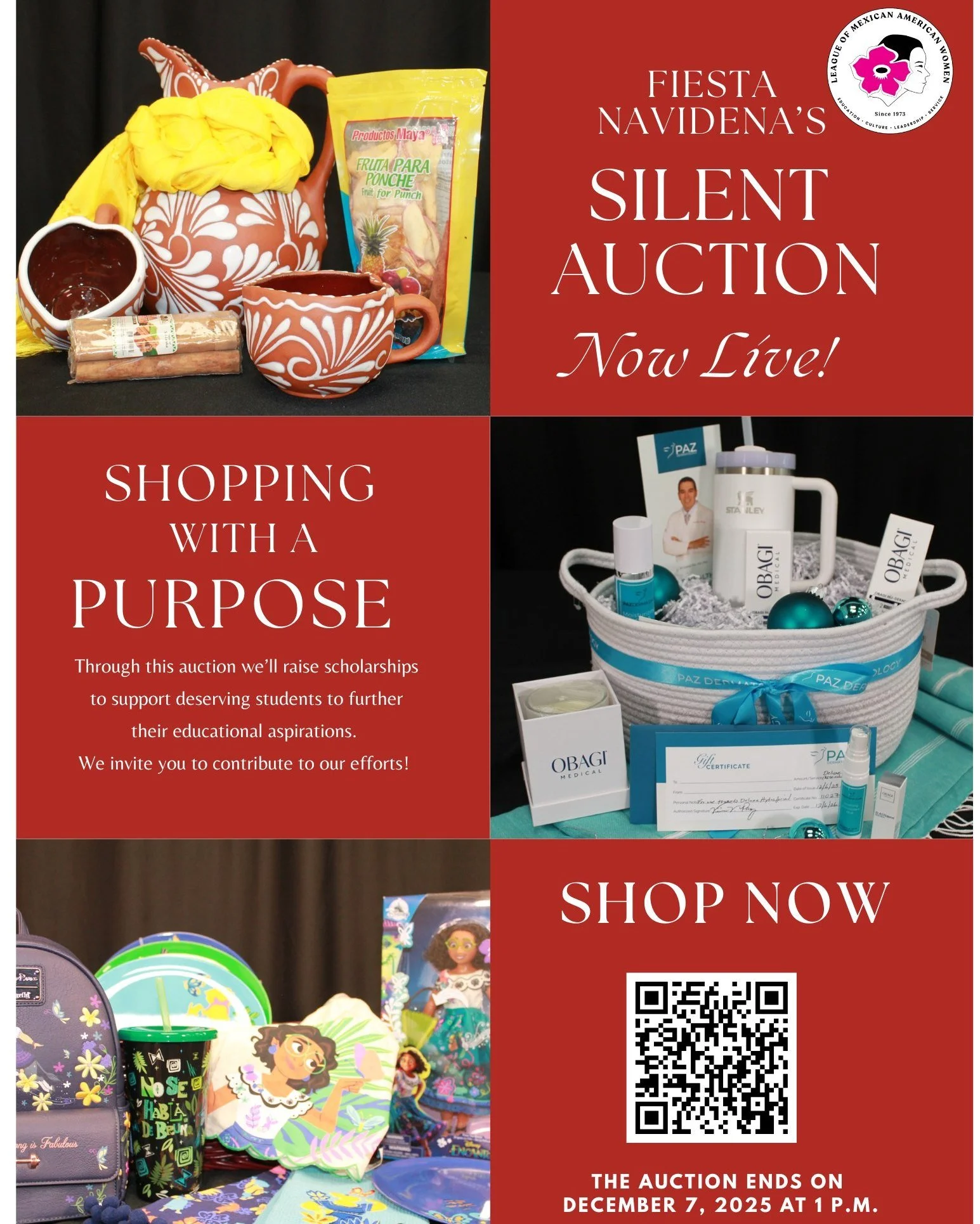 Fiesta Navide&ntilde;a&rsquo;s Silent Auction is now LIVE! 
Shop with a purpose and bid on 50+ fabulous prizes from Disney favorites to self-care essentials. Every bid and donation helps us raise scholarships for deserving students as we work toward 
