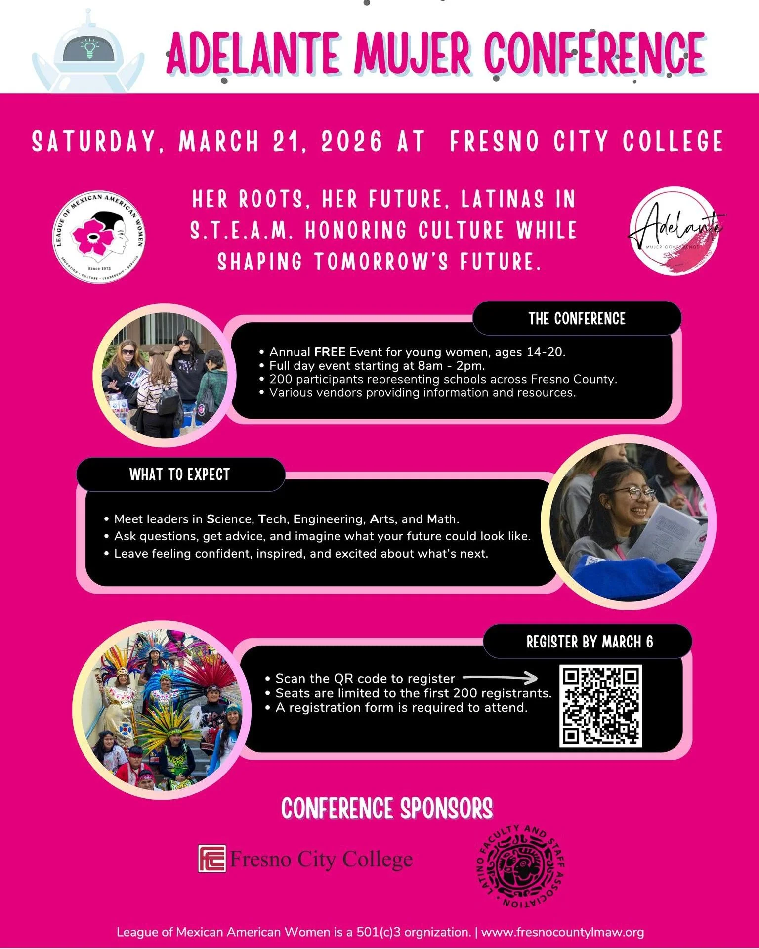 ⏰ Final Call: Registration Closes March 6

The Adelante Mujer Conference 2026 is almost here&mdash;and spots are filling.

This free, one-day STEAM leadership experience offers mentorship, hands-on workshops, and career exposure for young Latinas acr