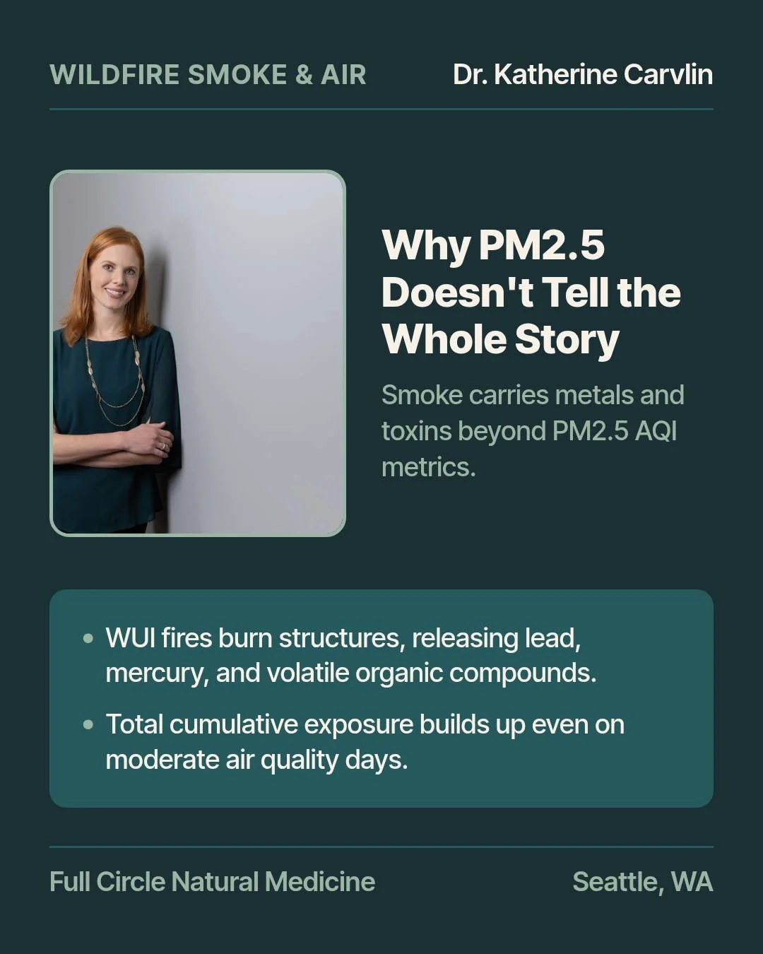 When smoke fills the sky, most people check the AQI number on their phone and assume PM2.5 tells the whole story.

In environmental medicine, we look deeper at what is actually inside the plume.

Recent research highlights that wildfire smoke, especi