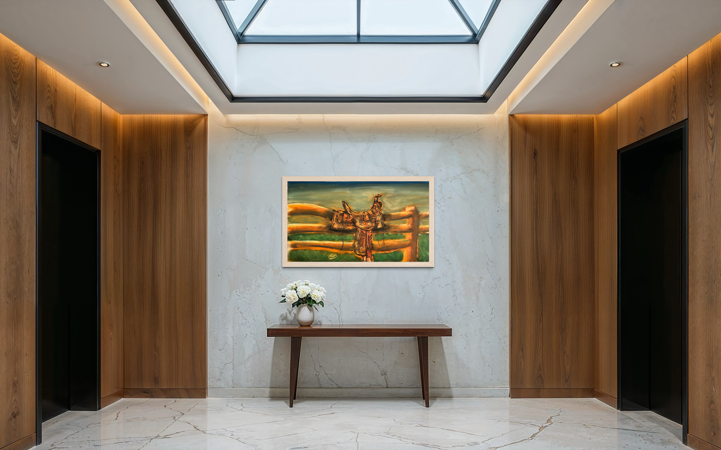 Modern interior with two elevator doors, a wooden table with a white vase of flowers, marble floor, and a framed painting on the wall, under a skylight ceiling.