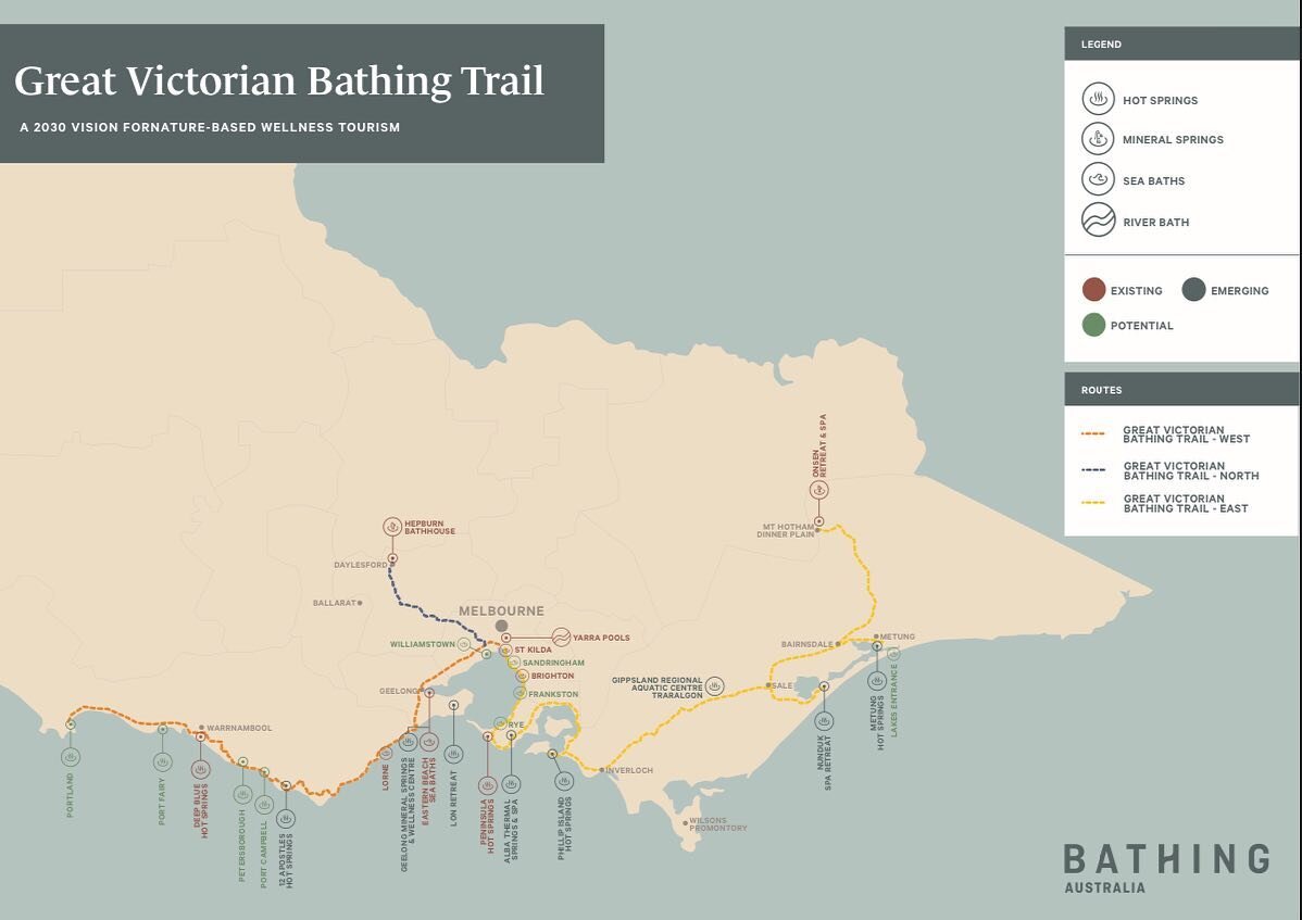 The Great Victorian Bathing Trail is a vision for an iconic 900km tourism route connecting hot springs, mineral springs and sea baths across the southern coastline of Victoria. Inspired by international examples like the Colorado Historic Hot Springs