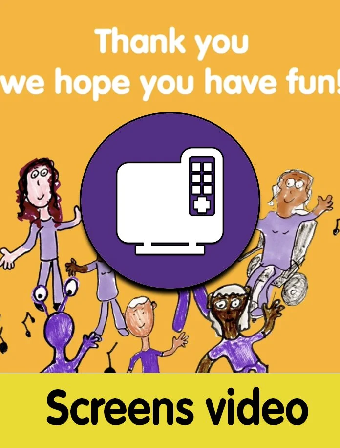 a group of humans and aliens, text reads we hope you have fun. text at the bottom reads screens video