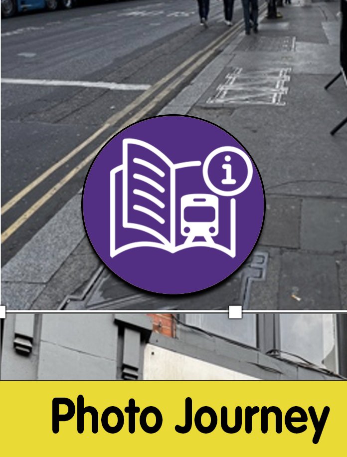 2 photos of a street and building, a circle with a symbol of a book with information and a train. Text reads Photo joutnry