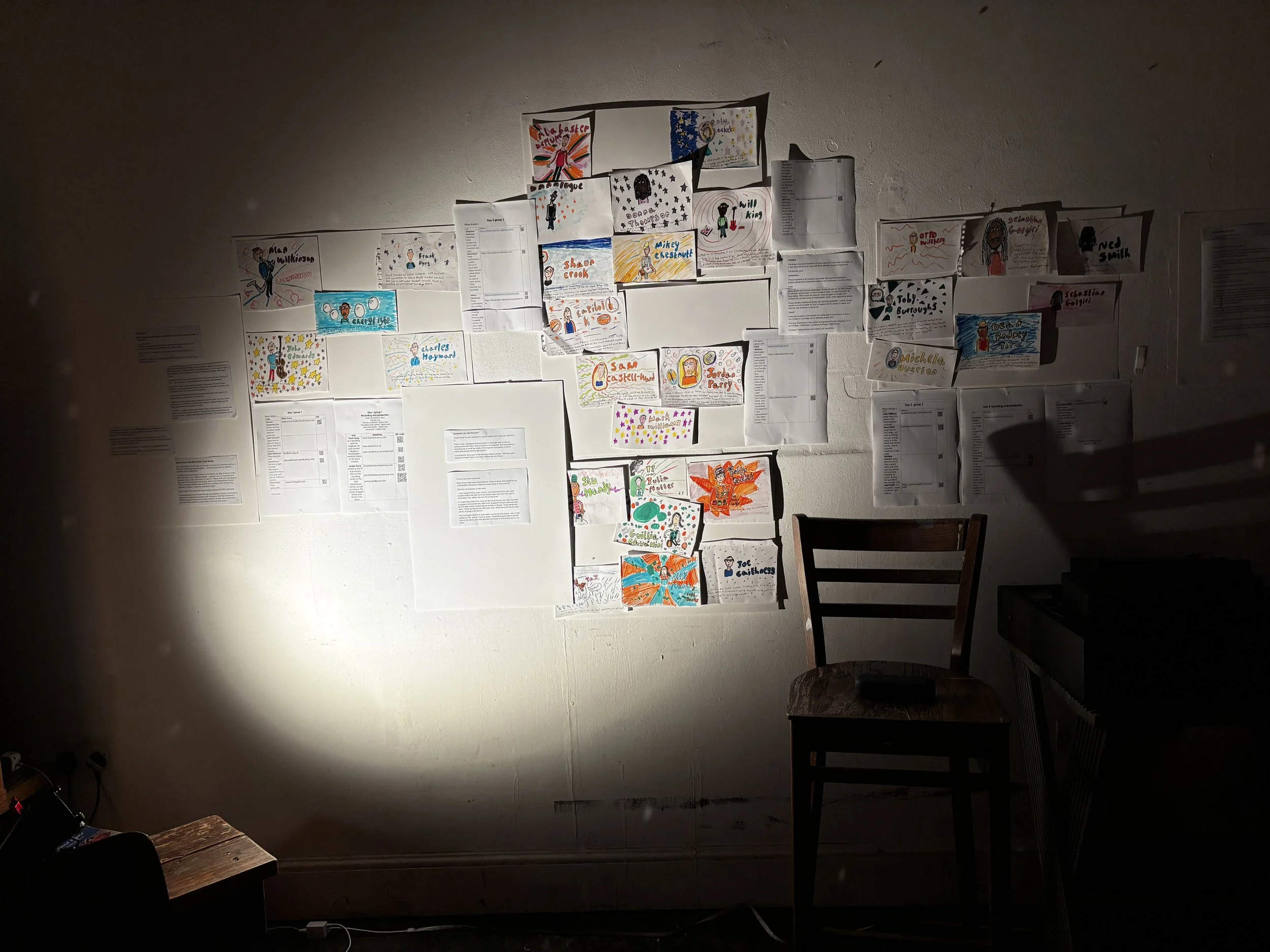 a wall with hand drawn images and typed text  which show the people who worked on Robyn Rocket and people you may of heard of