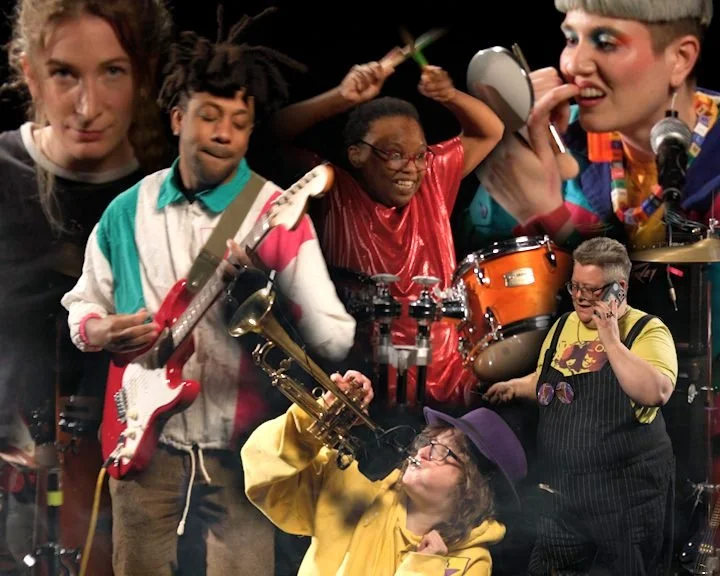 a photo of different people playing different instruments.