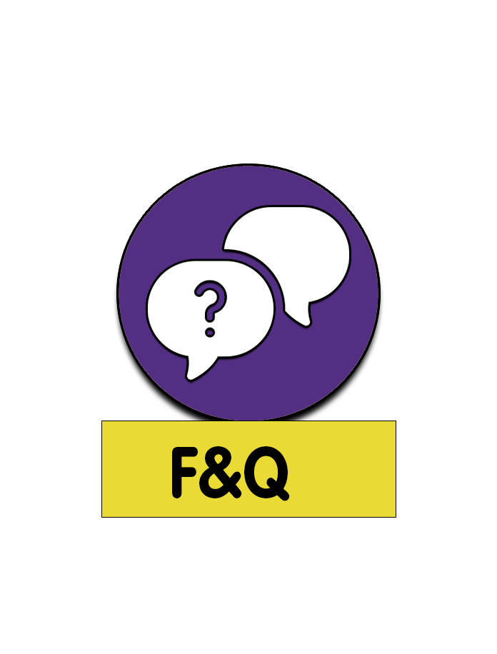2 speech bubbles, one with a question mark. Text reads F&Q.