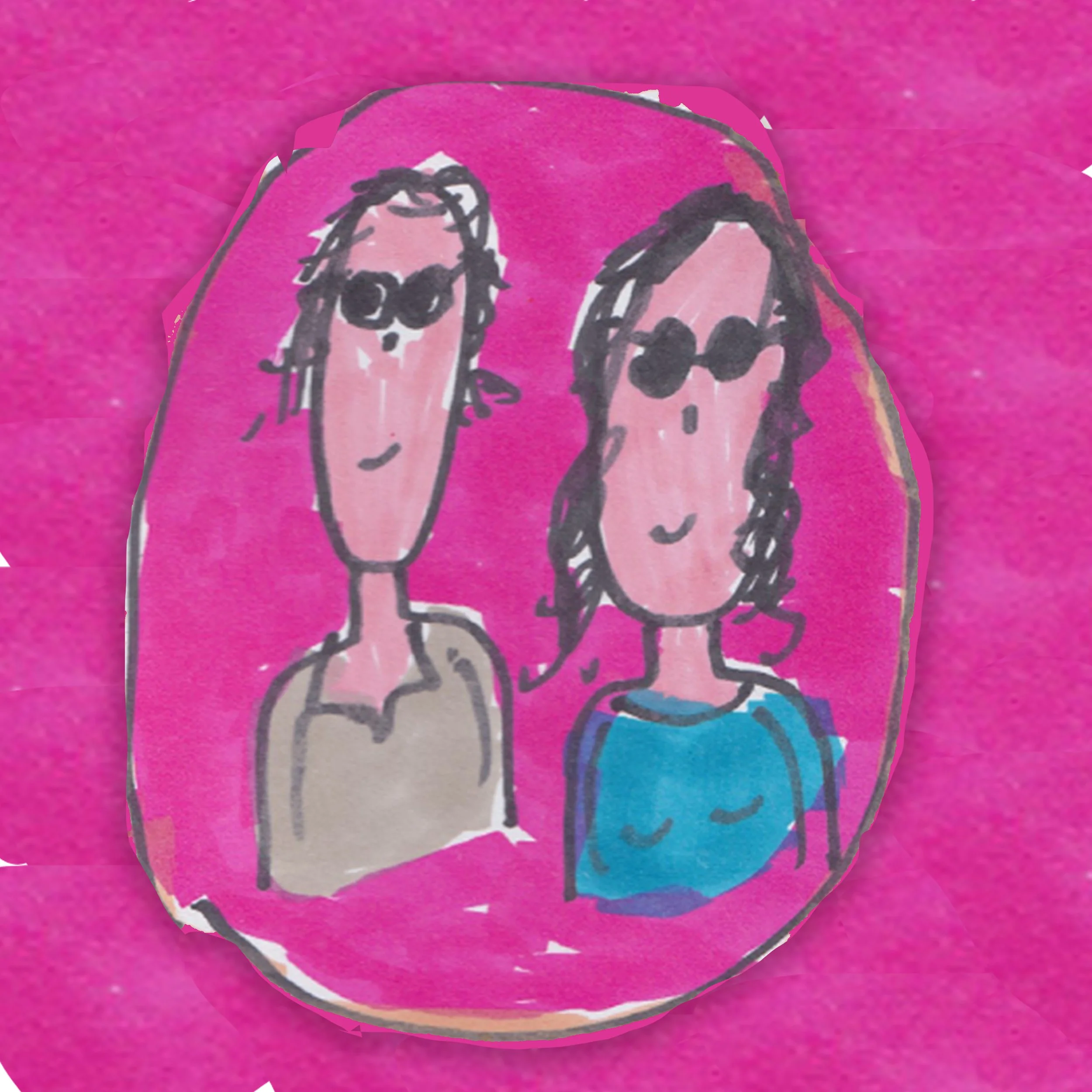 a hand drawn picture of two peple, both wearing sun glasses , on a bright biscuit.