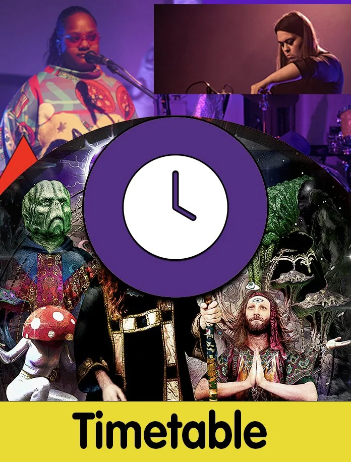 a group of musicians , a circle with a cloak in it. words read Timetable