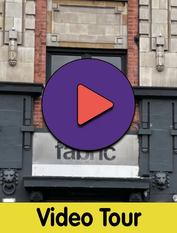 a photo of a building with the word fabric on it. A circle with a play symbol. Text reads video tour.