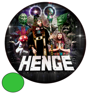a group of humans and aliens with the word HENGE in a circle.