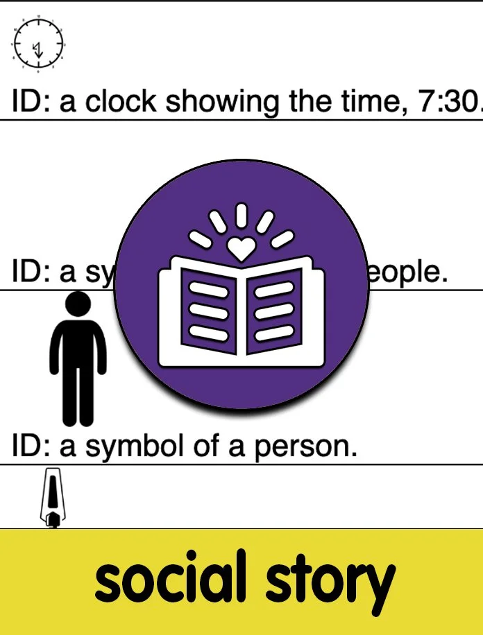 a social story and a circle with a storybook symbol, text reads social story