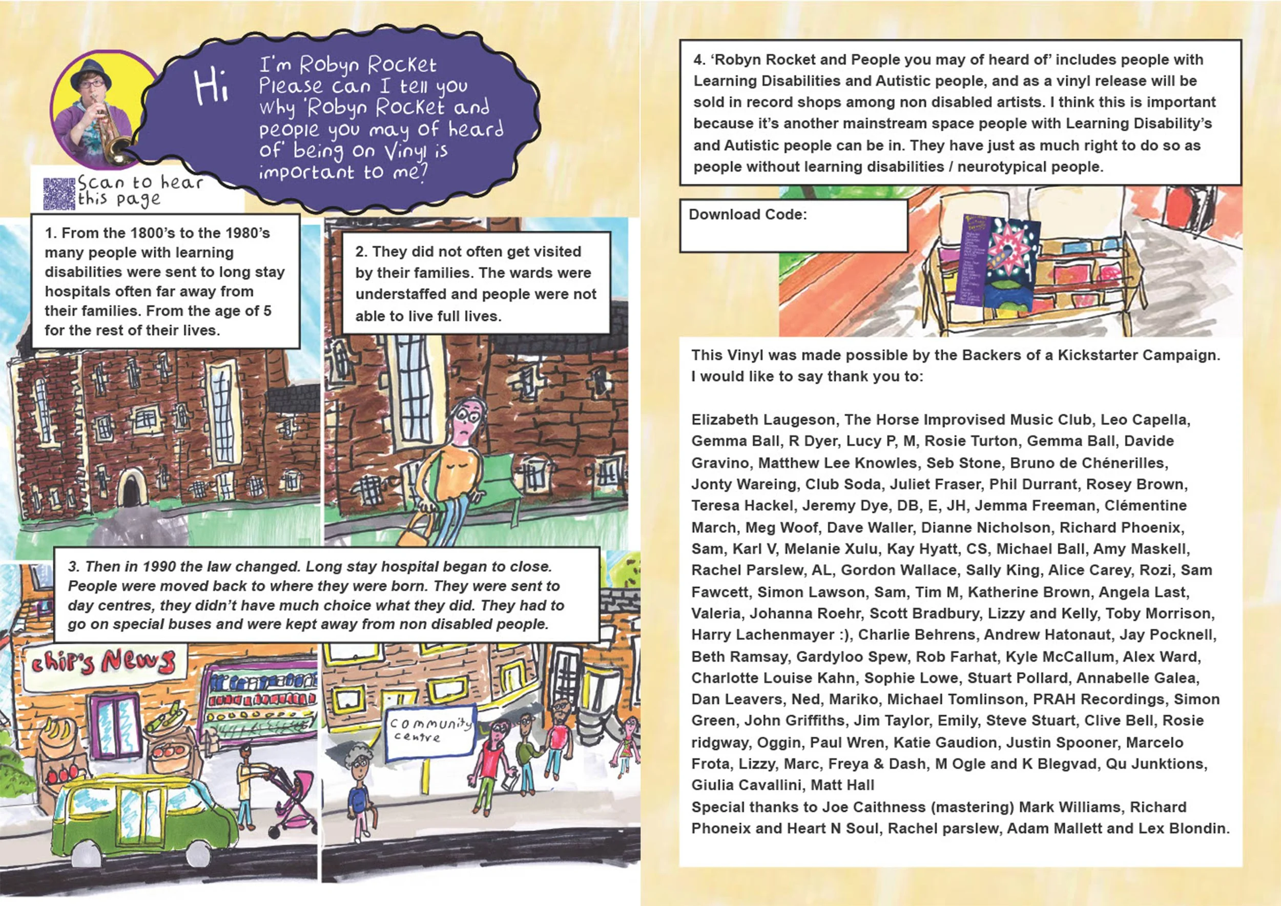 a 1 page comic which shows the history of people with learning disabilities in the uk