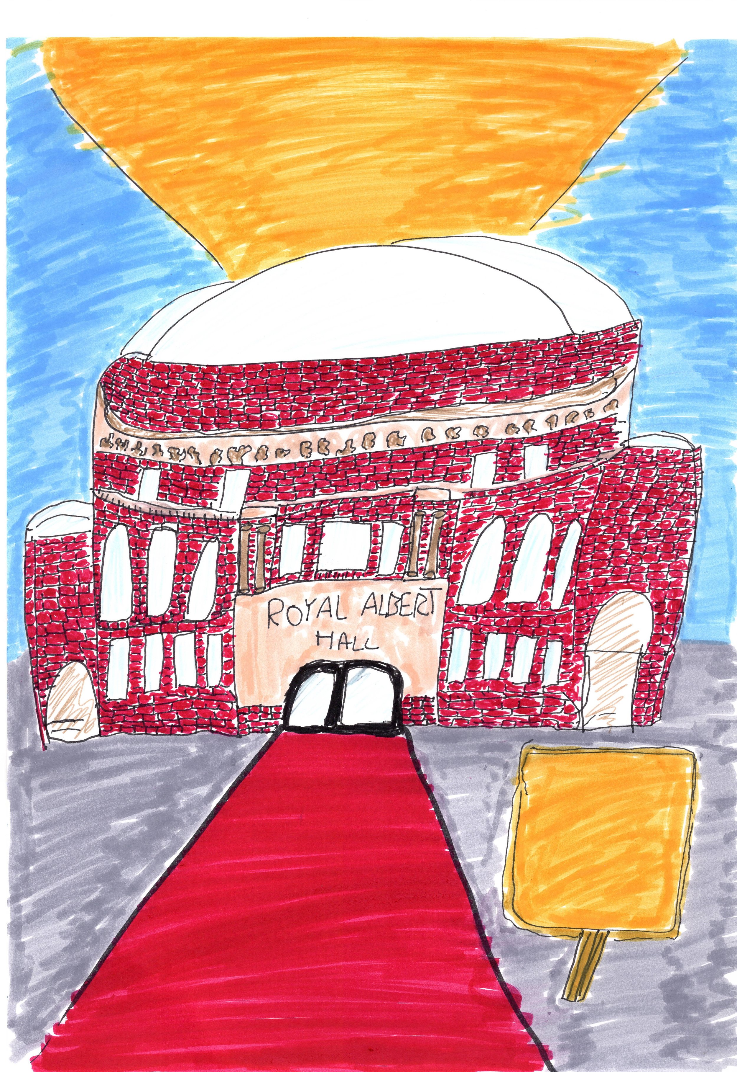 a hand drawn picture of the Royal Albert Hall , with a red carpet , blue sky and yellow light coming out of the roof.