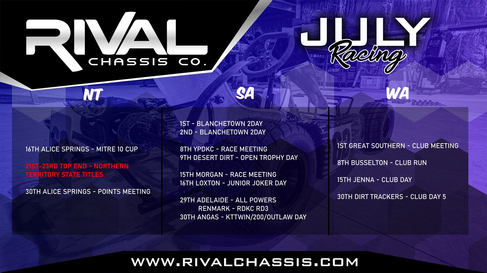 Here's your list of NT/SA/WA AIDKA race meetings being held in July.
 #changethegame #gokart #dirtkarts