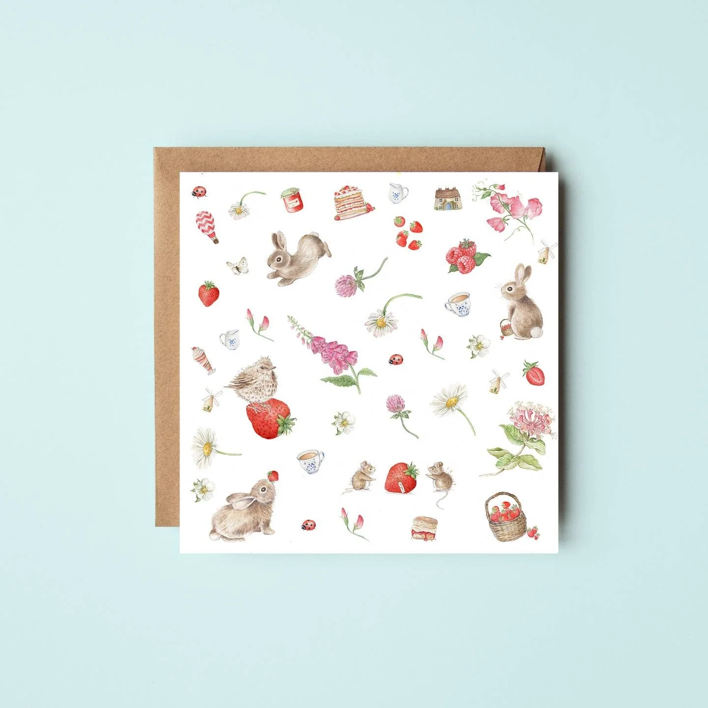 Strawberry Fields Greetings Card featuring rabbits, mice, birds, strawberries and flowers - by West Country Designs