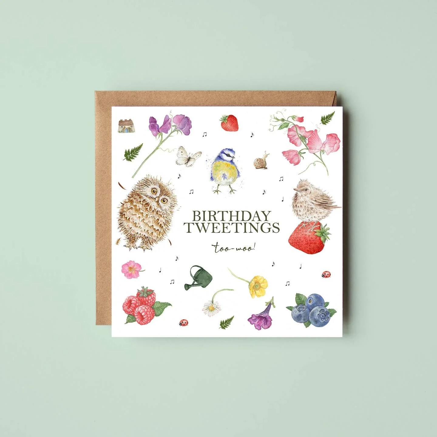 Birthday Tweetings Greetings Card featuring owl, blue tit, wren and flowers - by West Country Designs