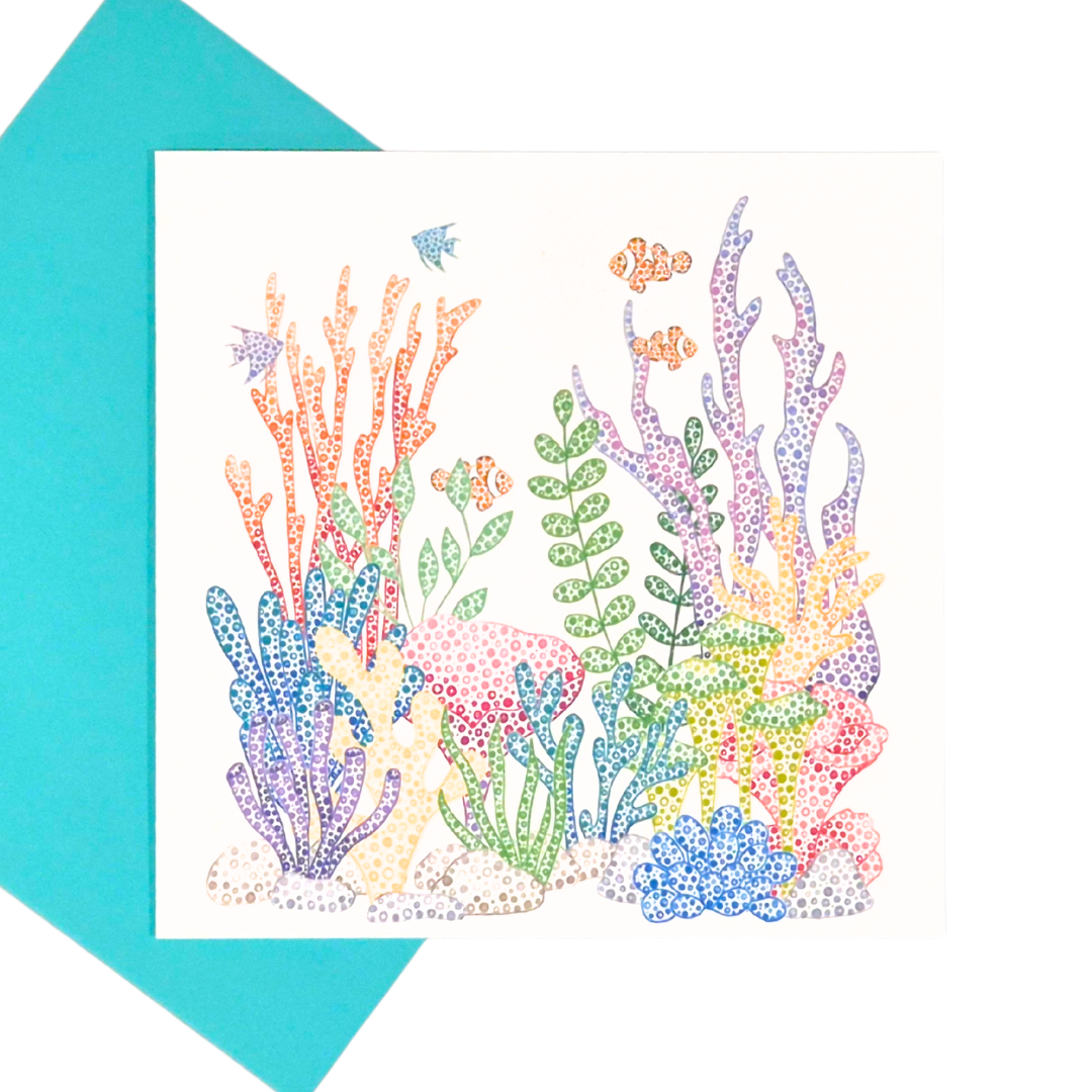 Coral Greetings Card – Made by Honey Dot Designs. Sustainably made in the UK, 300gsm card with matching envelope