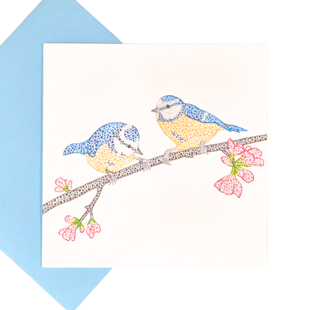 Blue Tits Greetings Card – Made by Honey Dot Designs. Sustainably made in the UK, 300gsm card with matching envelope