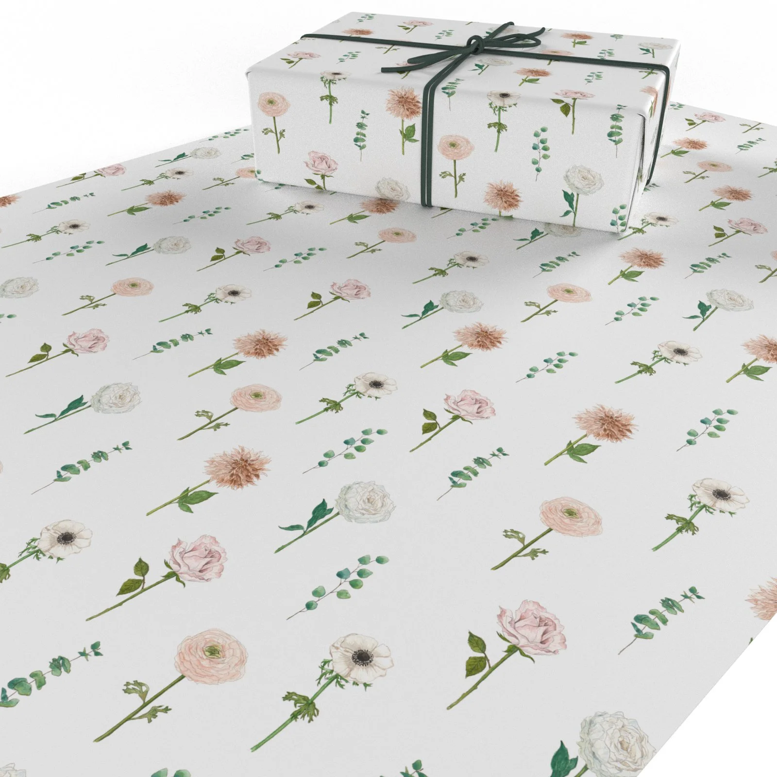Carnations Eco Wrapping Paper – Made by Re-wrapped. Recycled gift wrap, sustainable, plastic-free, vegetable inks, made in the UK