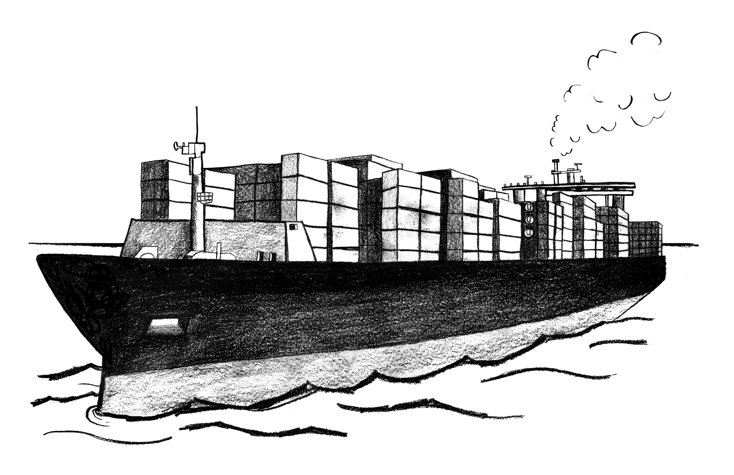 Schwarz-weiße Zeichnung eines großen Containerschiffs auf dem Meer, das dichte Rauchwolken ausstößt. Das Schiff ist voll beladen mit Containern.