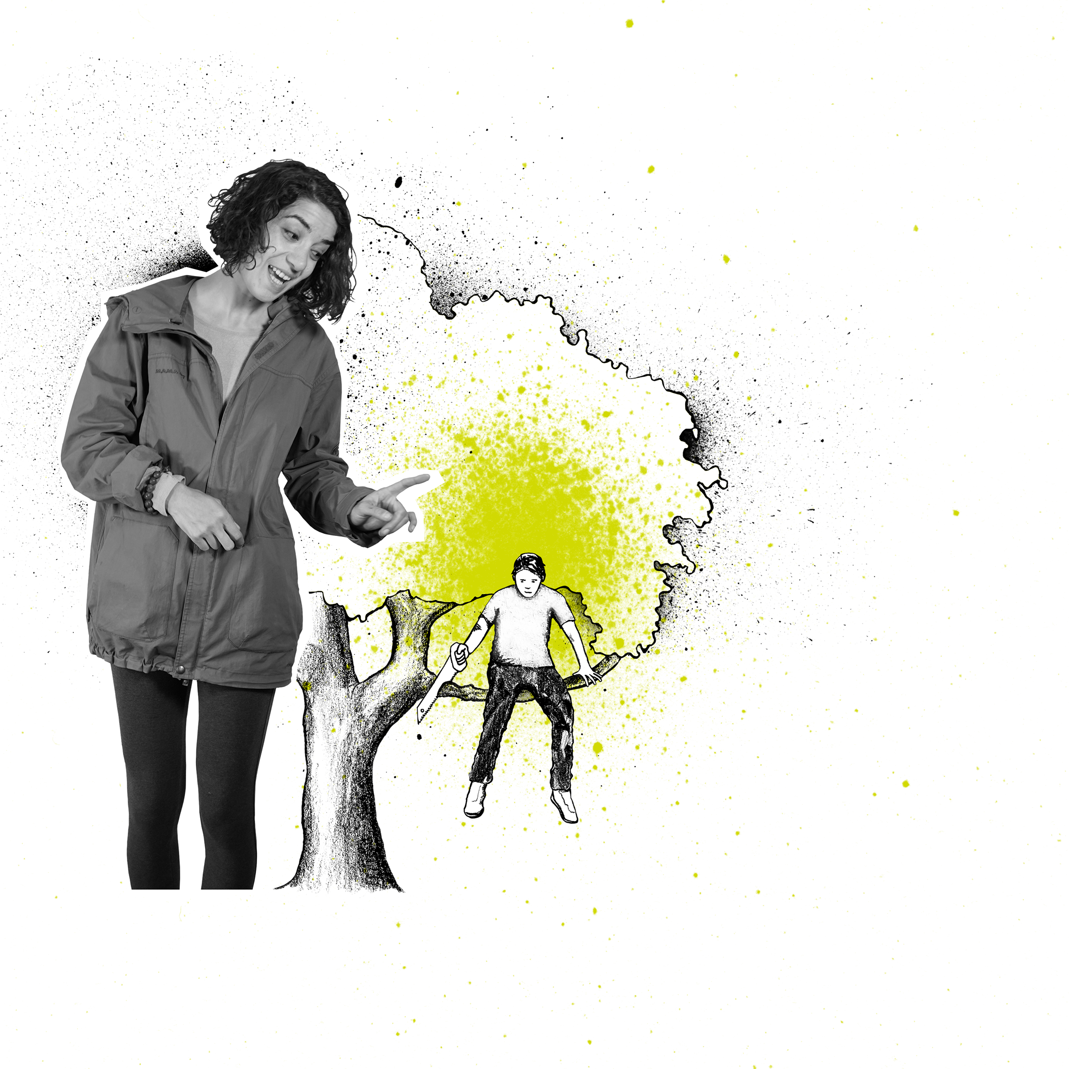 Sarah mit skeptischem Blick und ausgestrecktem Arm sowie eine weitere Figur, die den Ast absägen möchte, auf dem sie sitzt.