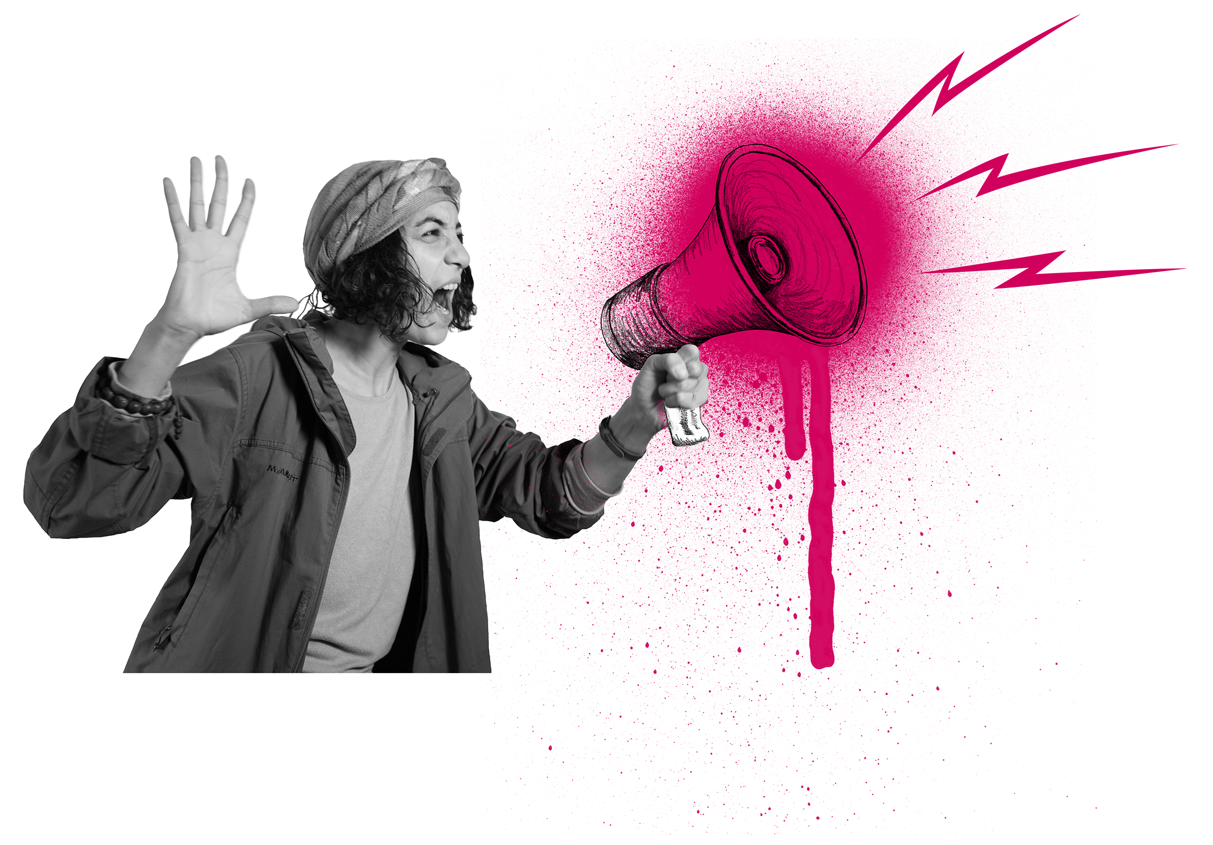 Sarah hält ein Megafon in der Hand, aus dem pinke Schallwellen hervorgehen.