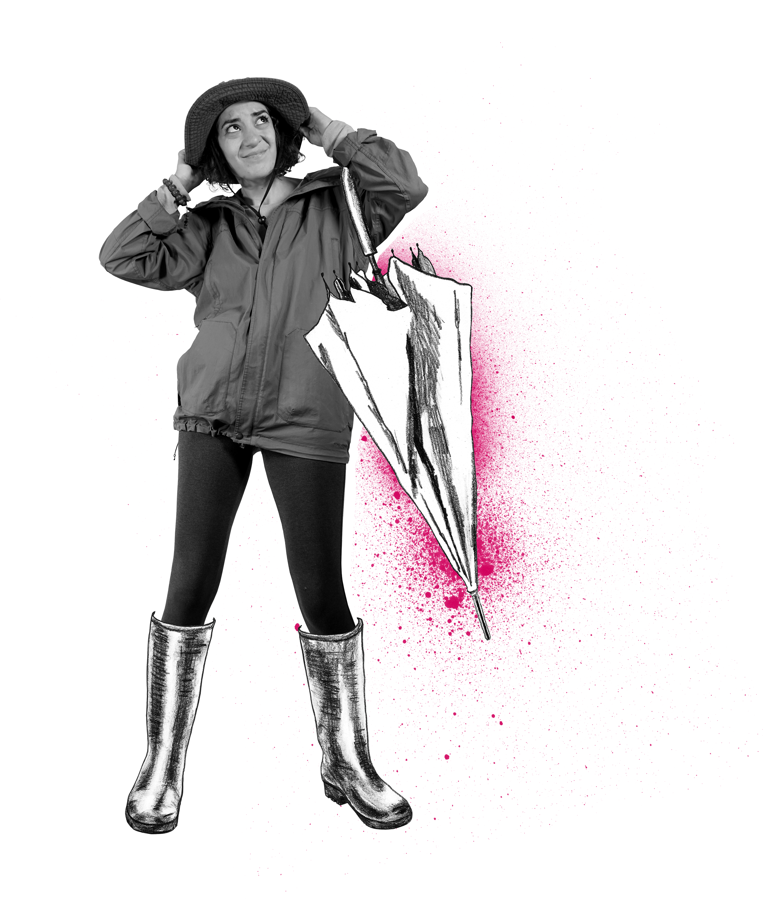 Sarah hält ängstlich nach nach oben schauend ihren Hut fest, in der einen Hand hält sie einen eingeklappten Regenschirm.