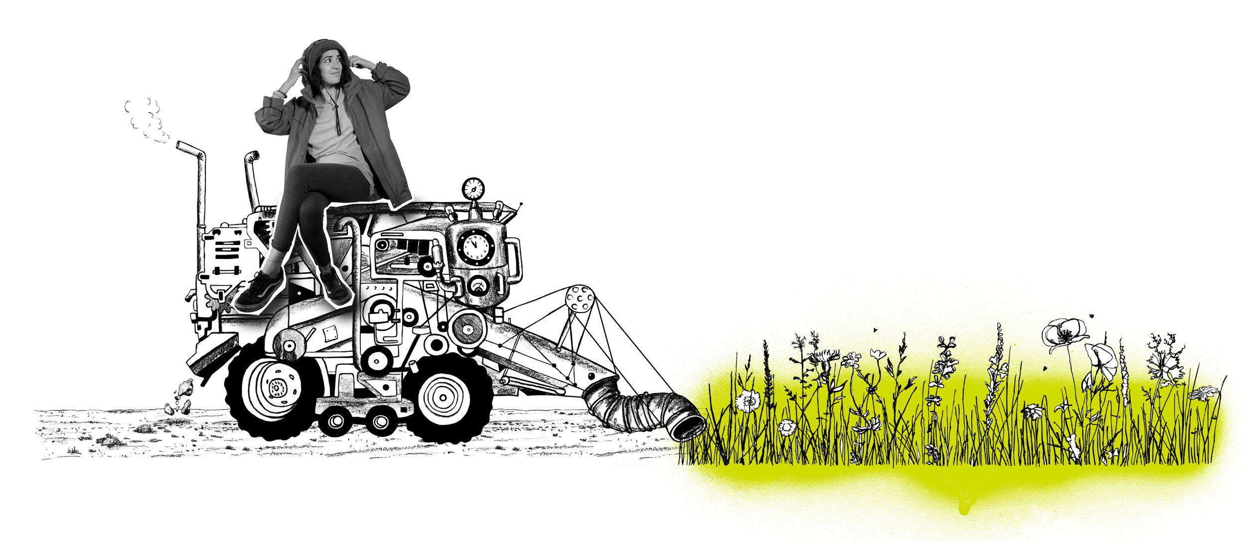 Hier sitzt Sarah auf einer Fantasiemaschiene, die alle Blumen und Gräser von einer Wiese einsaugt.