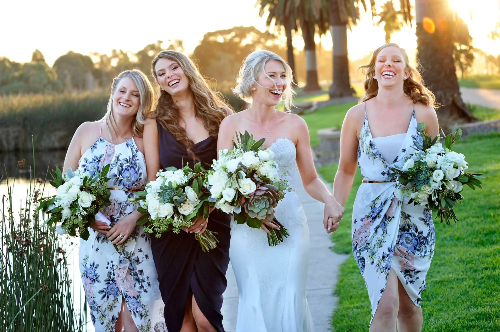 Wedding portrait photographer Melbourne, photo of bridal party at sunste