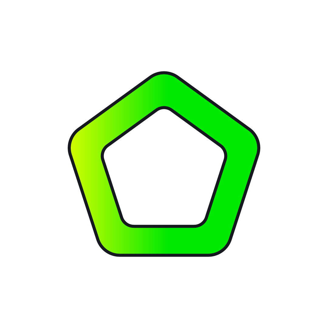 Radar chart with a pentagon shape, with five points labeled 1 to 5, colored in shades of green on a black background.