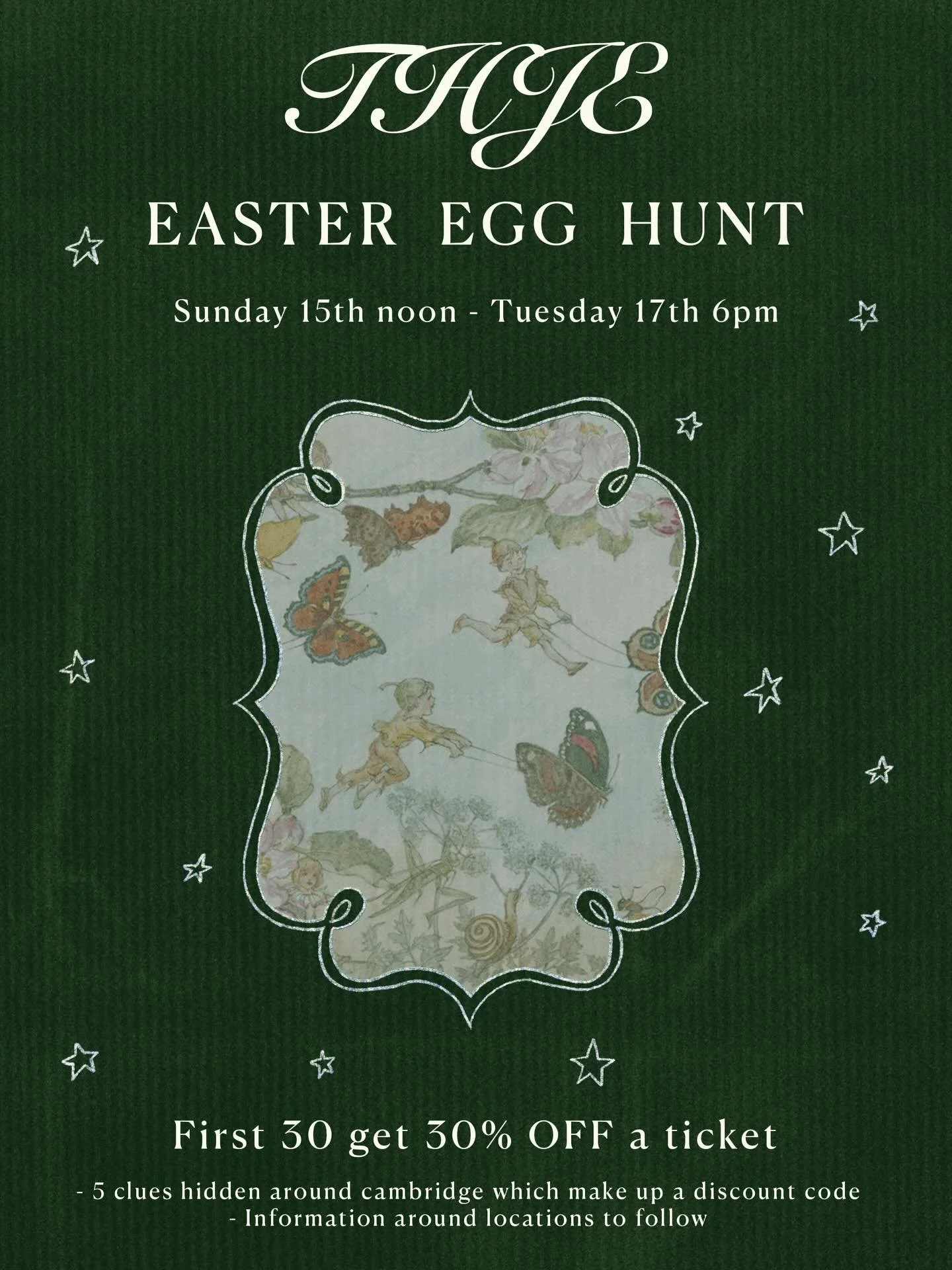 🐣🐇WANT A DISCOUNT? 🐇🐣

Starting Sunday at noon, ending Tuesday 6pm join the THJE Easter Egg hunt- hunt around Cambridge at your own pace and find five clues which make up an exclusive discount code !

The first 30 people to find the code get 30% 