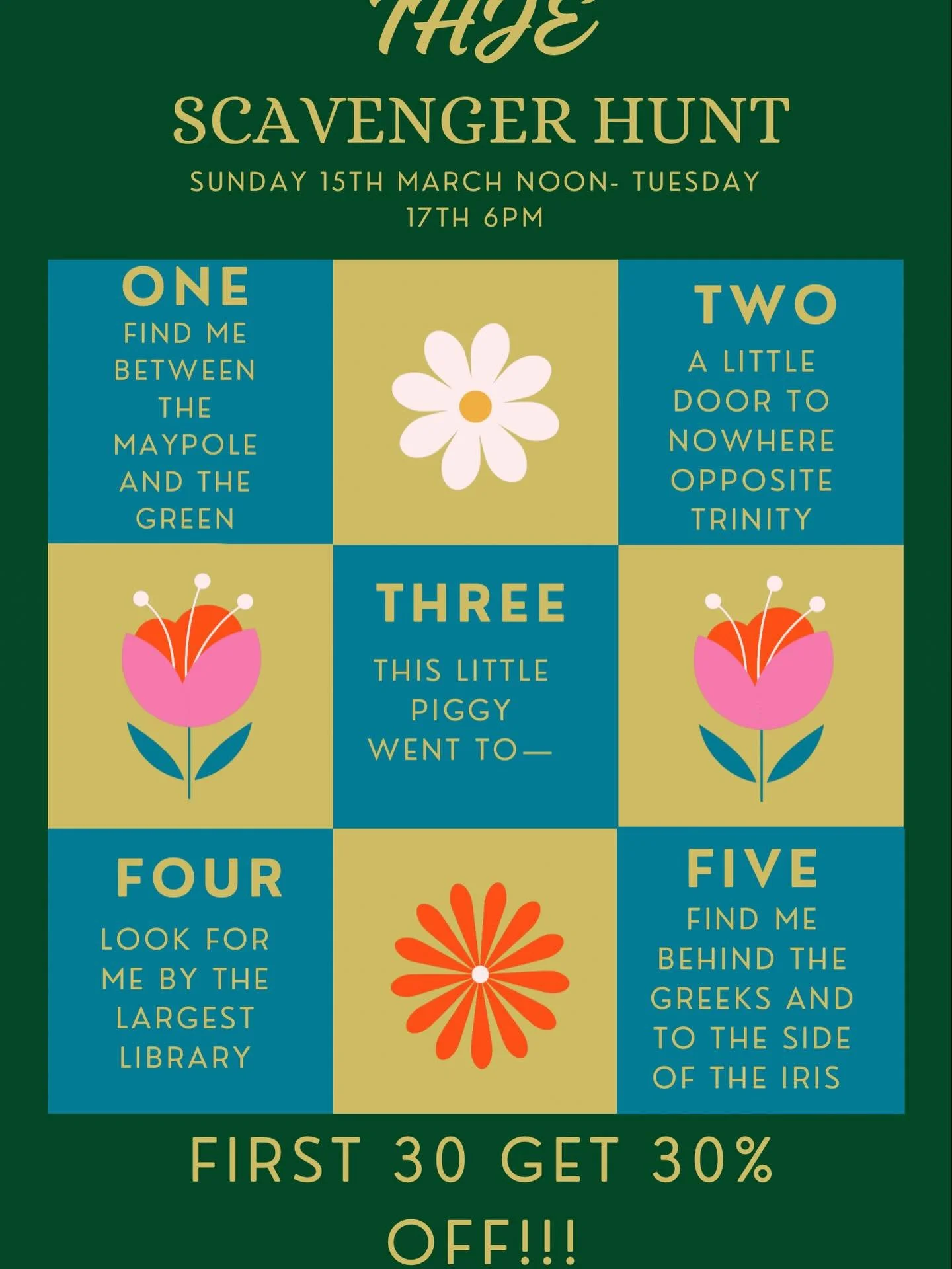 THJE SCAVENGER HUNT IS NOW LIVE🧺

From Sunday 12pm to Tuesday 6pm- Look for the posters around Cambridge in the numbered order specified on the location sheet, solve the clue and put all the answers together to form a discount code to purchase your 