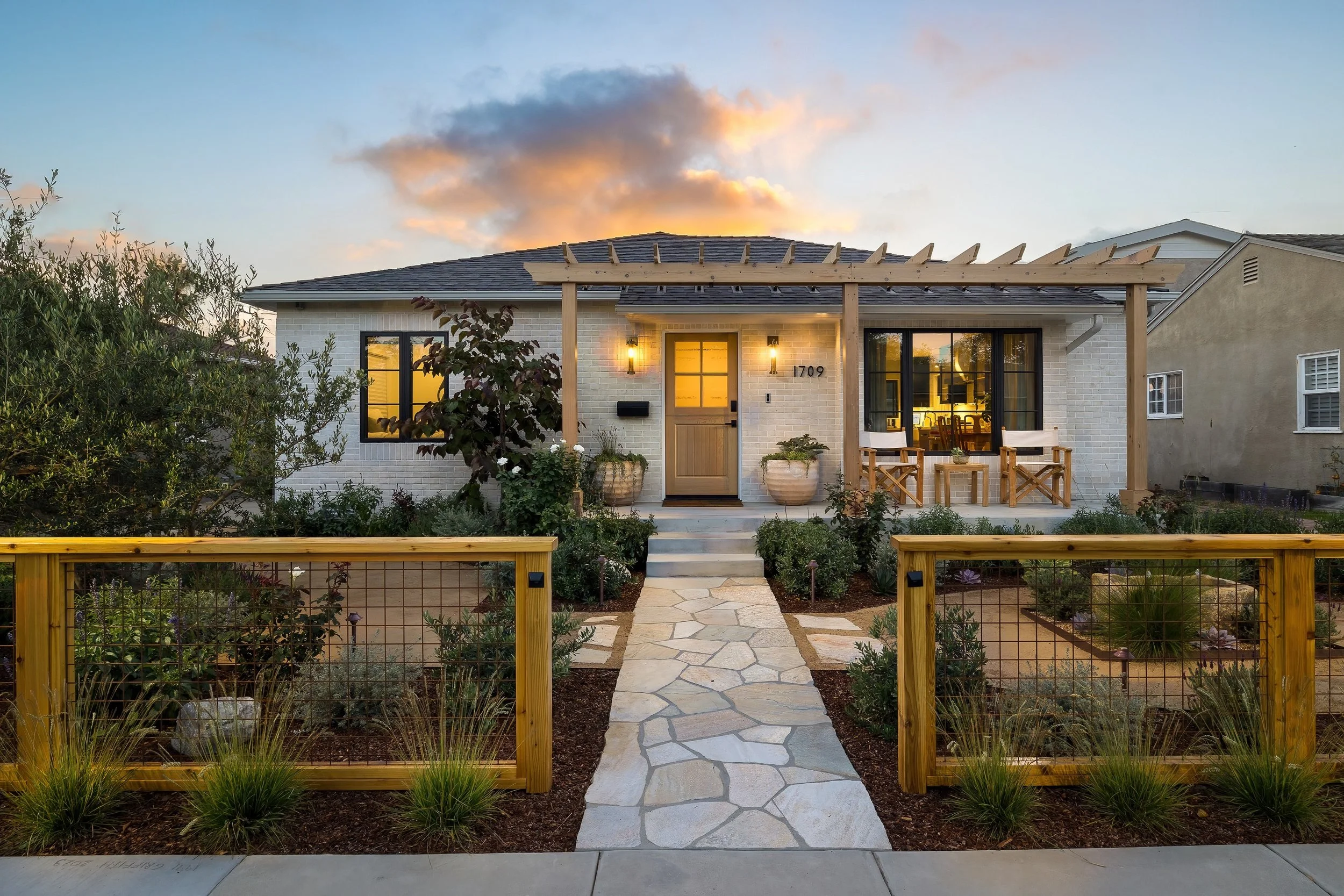 South Bay home remodel exterior pergola flagstone pathway