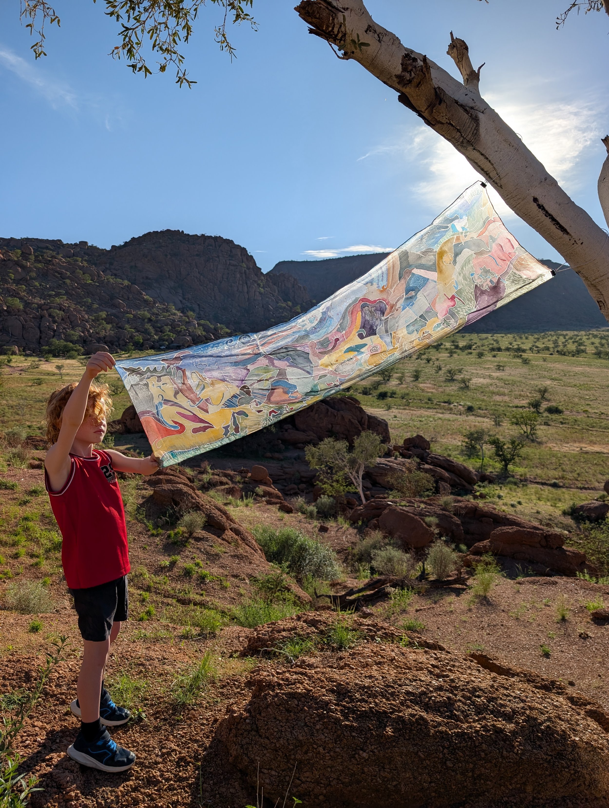 Crows in Flight (In the landscape),
Silk Paint on Silk,
45cm x 145cm
