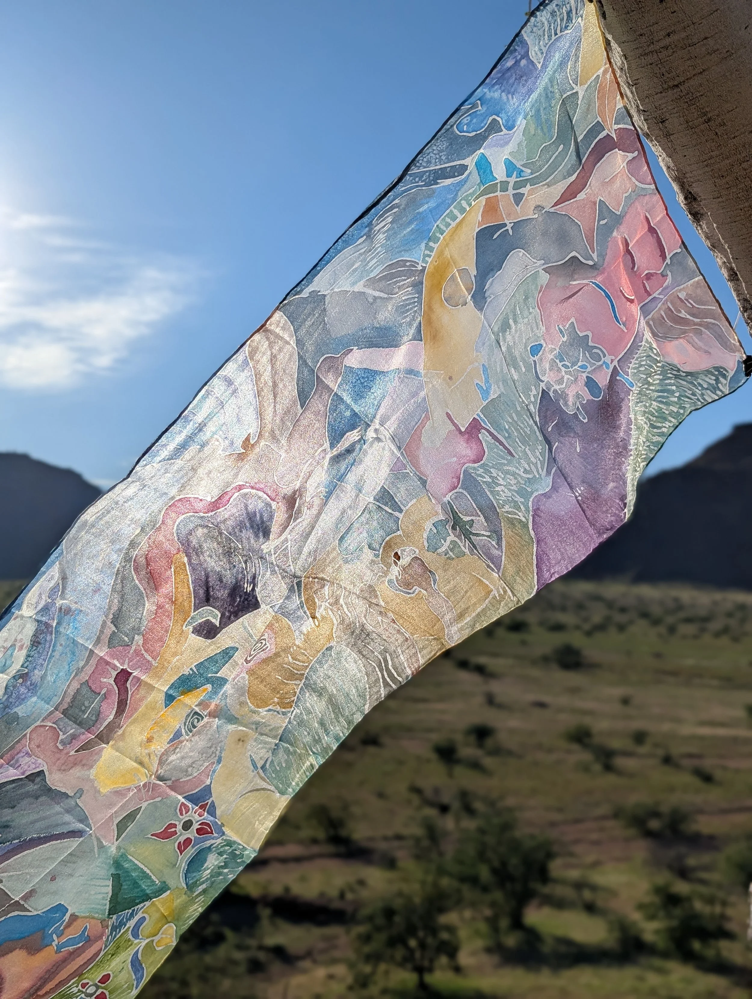 Crows in Flight (close up in situ),
Silk Paint on Silk,
45cm x 145cm