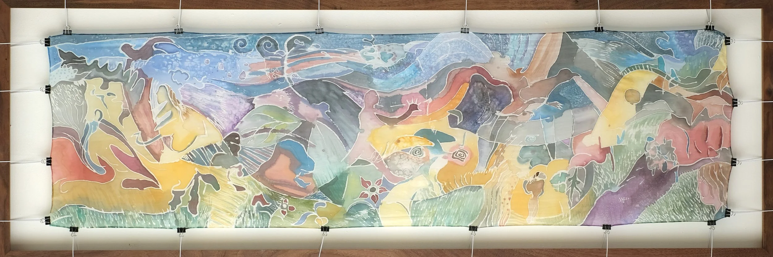 Crows in Flight,
Silk Paint on Silk,
45cm x 145cm