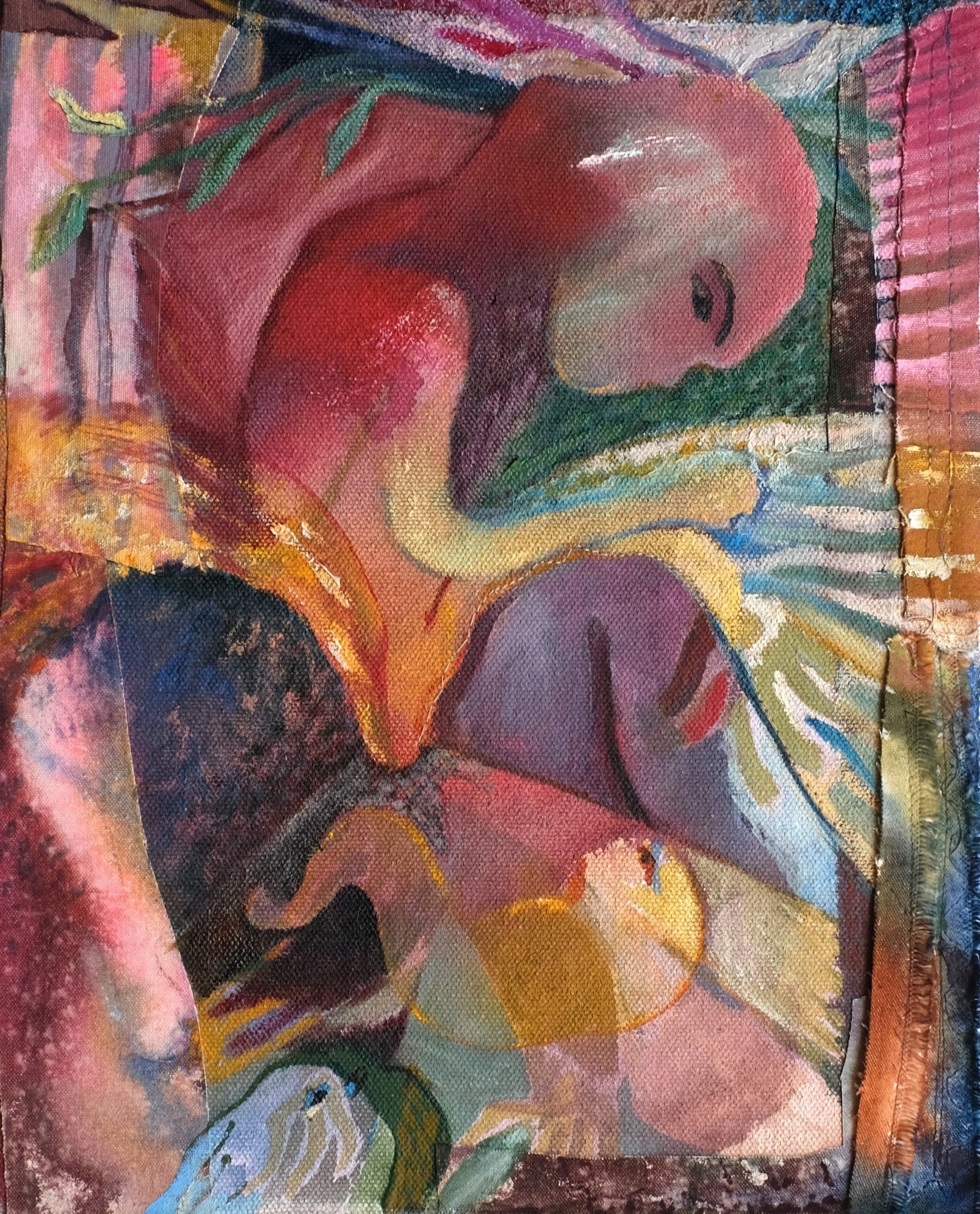 Volcano Baby,
Oil, Ink & Stitched Canvas on Board,
30cm x 24cm